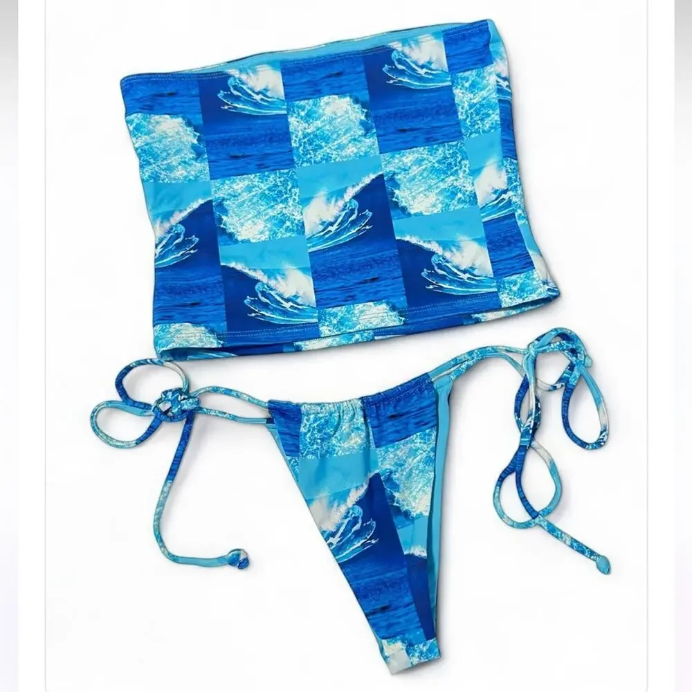 3 Piece SET Frankies Bikinis Waves Print Blue Sz M